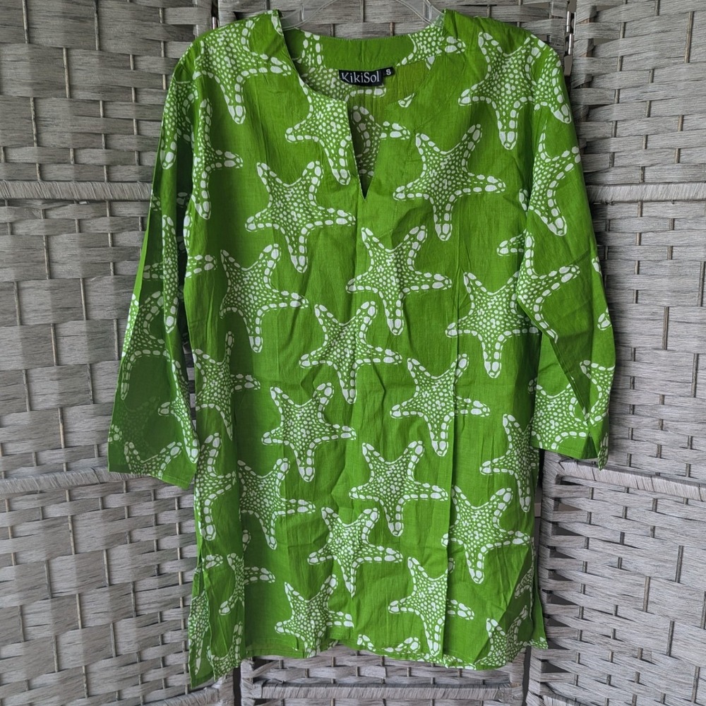 KikiSol Tunic Top Green Starfish Print 3/4 Sleeve Cotton‎ Women Size S